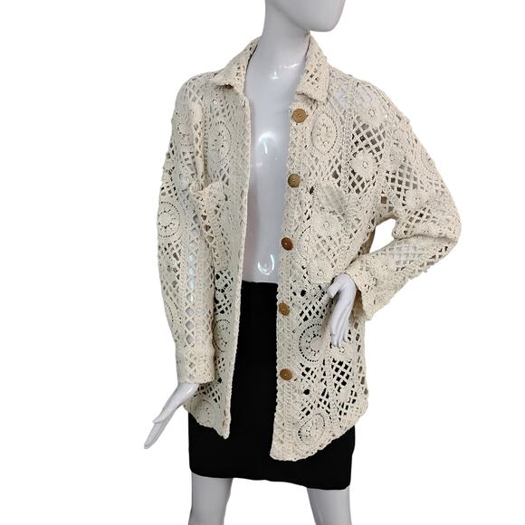 Zara Ecru Crochet Cardigan Coat Size XS Beige Button Down Collared Patch Pockets - Picture 1 of 8